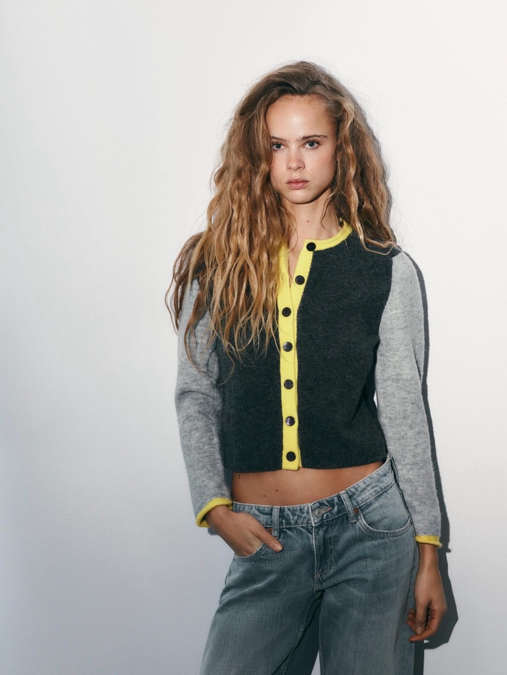 NWT Zara Colorblock Fuzzy Knit Cardigan Sweater Gray Yellow Size Small